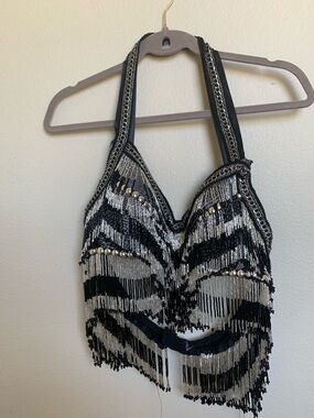 Black & Silver Beaded Fringe Halter Top